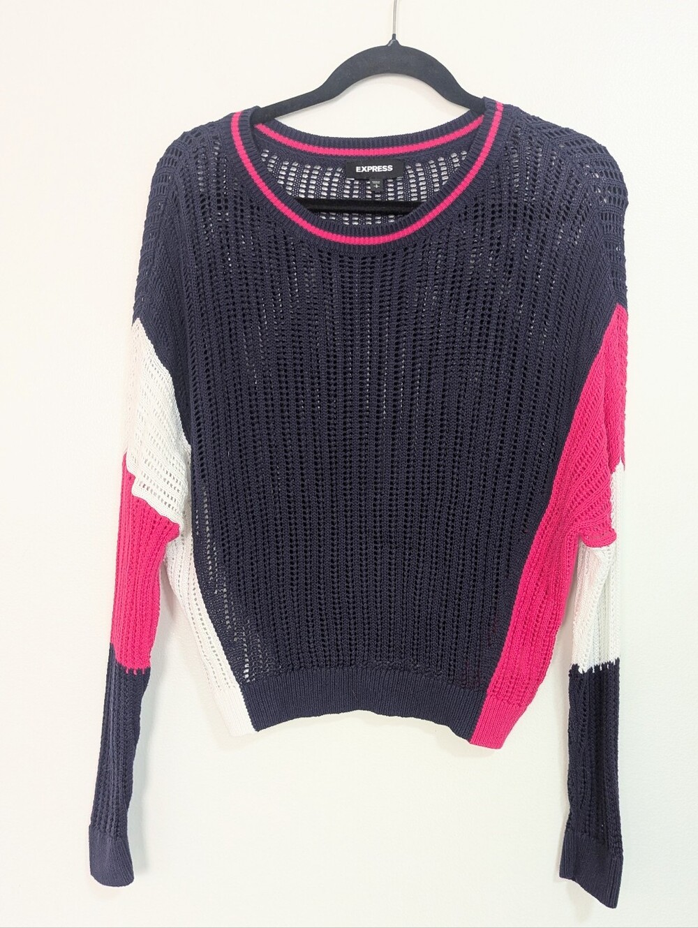 Express Navy Pink White Colorblock Open Knit Sweater Size Small
